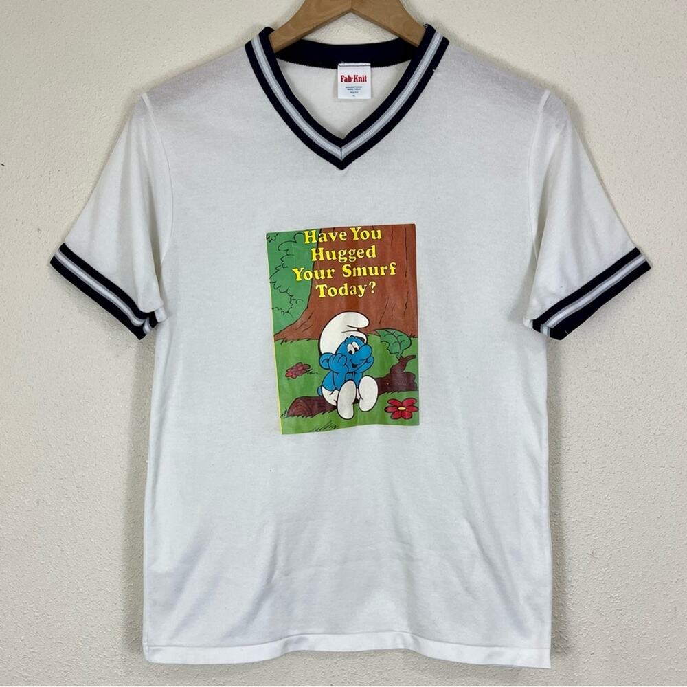 FAB-KNIT Vintage 80s Smurf V-Neck Jersey Tee Youth XL